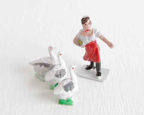 Woman with Three White Geese at Lobster Bisque Vintage