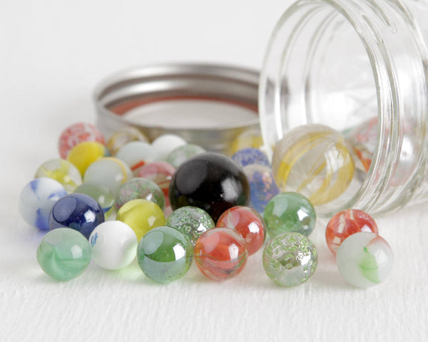 45+ Glass Marbles in Ball Jar at Lobster Bisque Vintage