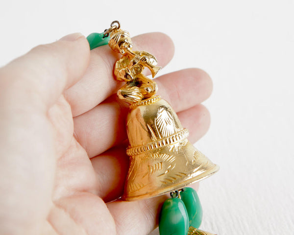 Gold Tone Snake Charmer Necklace with Bell Pendant at Lobster Bisque Vintage