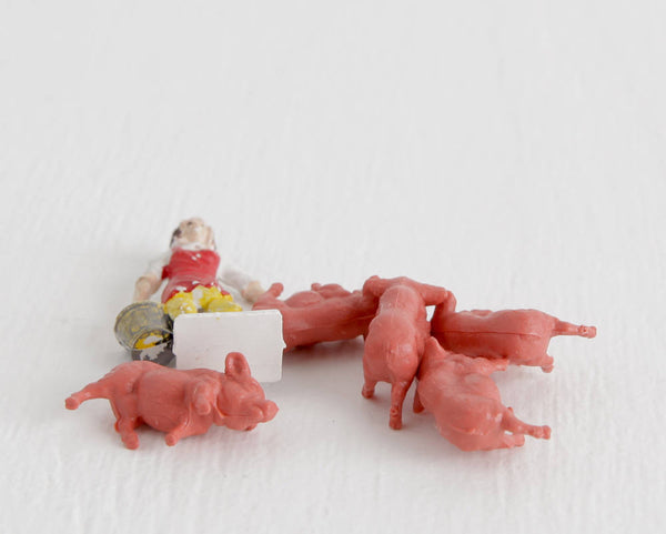 Woman with Five Pink Piglets at Lobster Bisque Vintage