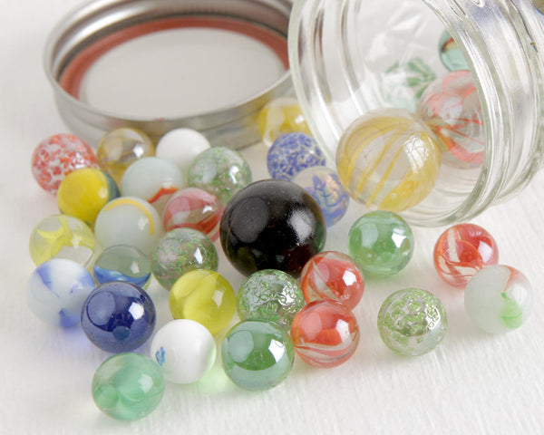 45+ Glass Marbles in Ball Jar at Lobster Bisque Vintage