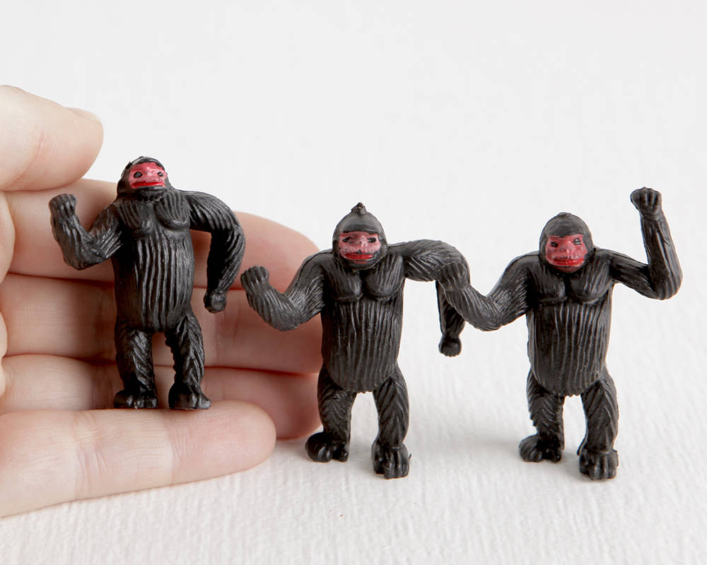 Trio of Miniature Standing Black Gorillas without Bases at Lobster Bisque Vintage