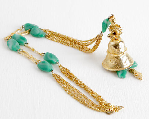 Gold Tone Snake Charmer Necklace with Bell Pendant at Lobster Bisque Vintage