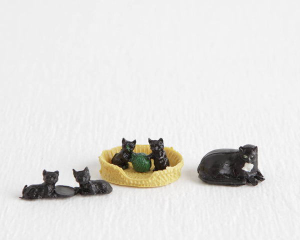Tiny Black Cat with Basket and Four Black Kittens at Lobster Bisque Vintage