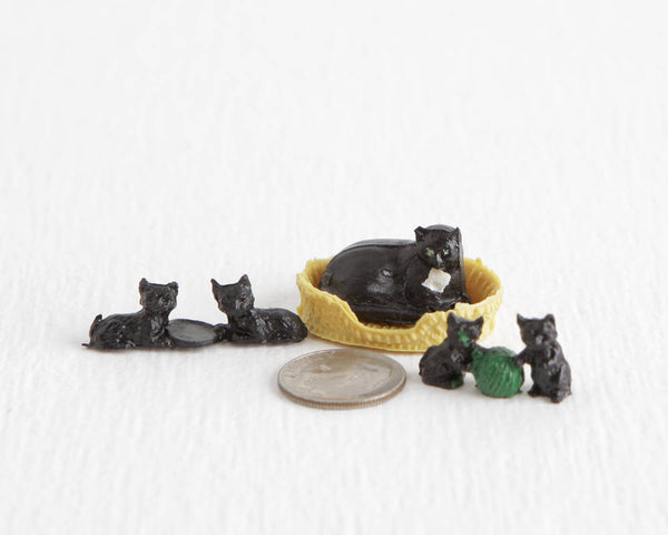 Tiny Black Cat with Basket and Four Black Kittens at Lobster Bisque Vintage